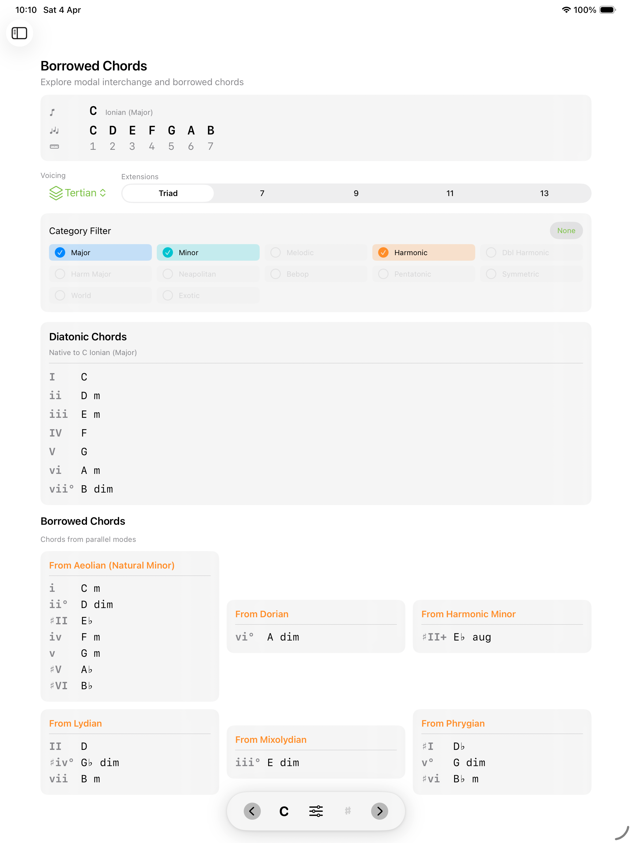 Borrowed Chords screen on iPad